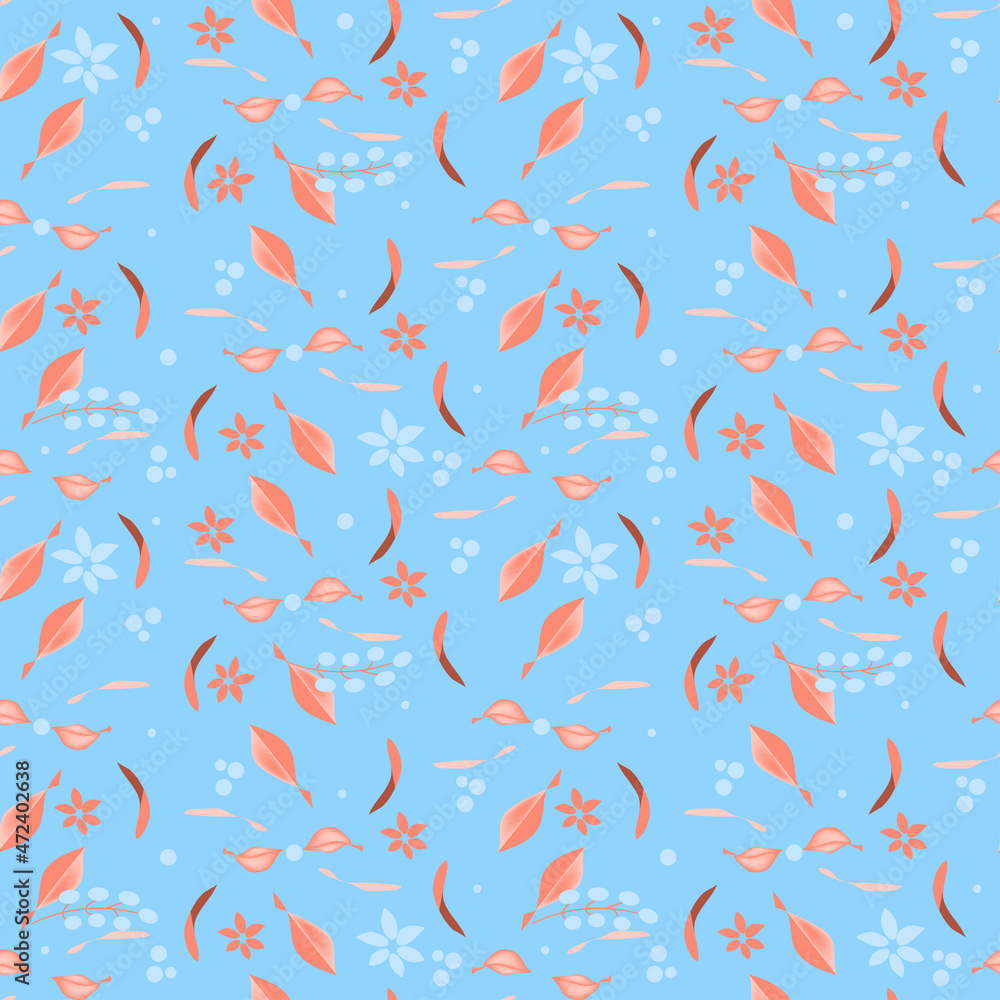 Seamless pattern with small image of natural bushes, berries, leaves in style of watercolor drawing. Vector illustration in light blue, pink pastel colors for design of holiday card, banner, stories. Seamless pattern with small image of natural bushes, berries, leaves in style of watercolor drawing. Vector illustration in light blue, pink pastel colors for design of holiday card, banner, stories.