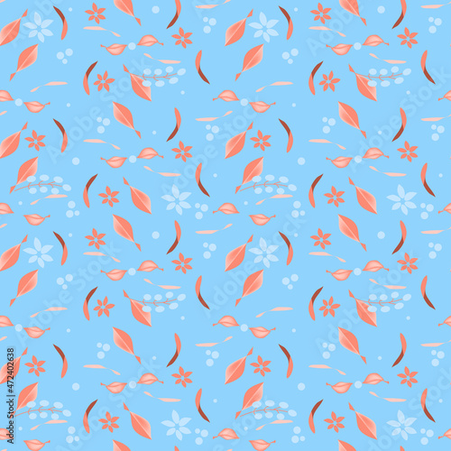 Seamless pattern with small image of natural bushes, berries, leaves in style of watercolor drawing. Vector illustration in light blue, pink pastel colors for design of holiday card, banner, stories. © Mila Chern