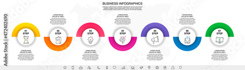 Vector flat infographic template with seven circles, elements, sectors. Modern designed for business, presentations, timeline, web design, banner, levels, chart, interface 7 step diagrams