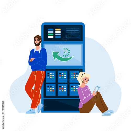 Server Uptime Checking Developers It Worker Vector. Young Man And Woman Check And Fix Machine Server Uptime. Characters Couple Fixing Computer Digital Technology Flat Cartoon Illustration