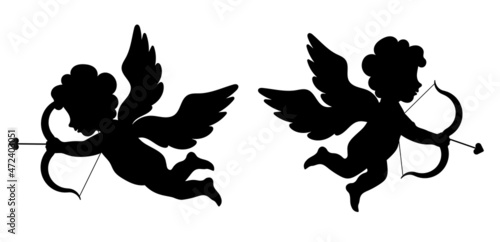 Silhouettes of mythological angel of love Cupid. Cupid, boy with angel wings, bow and arrows. Valentines day symbol. Vector