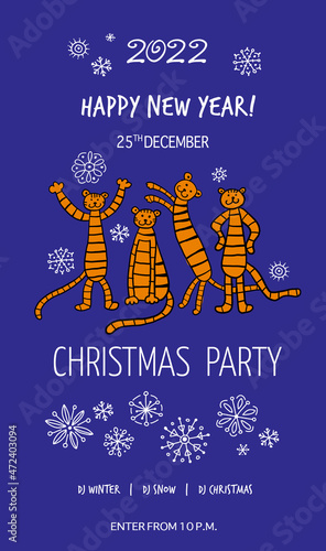 Christmas banner template with funny Tigers. Symbol of 2022 New Year.