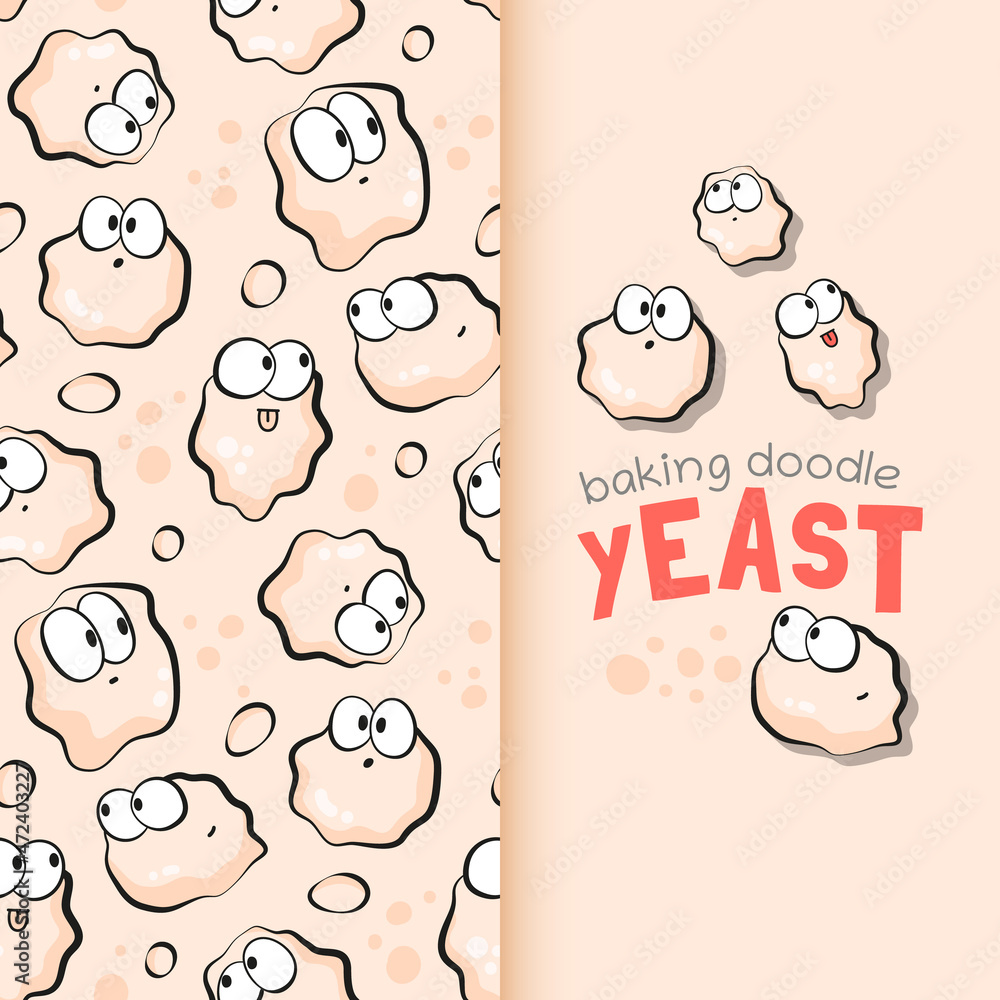 Yeast seamless pattern in cartoon style. Funny yeast baking doodle