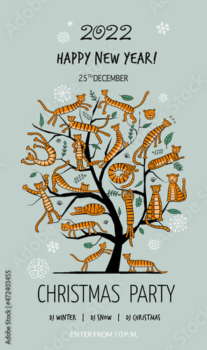 Christmas card template with Tigers Tree, animal characters. Symbol of 2022 N...