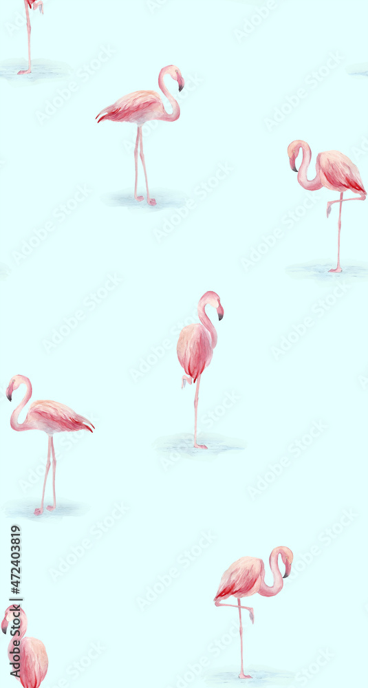 Obraz premium Summer hawaii tropical pattern. Pink flamingo seamless pattern. Tropical birds print for wallpaper or fabric. Watercolor flamingo pattern