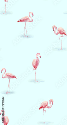 Summer hawaii tropical pattern. Pink flamingo seamless pattern. Tropical birds print for wallpaper or fabric.
Watercolor flamingo pattern