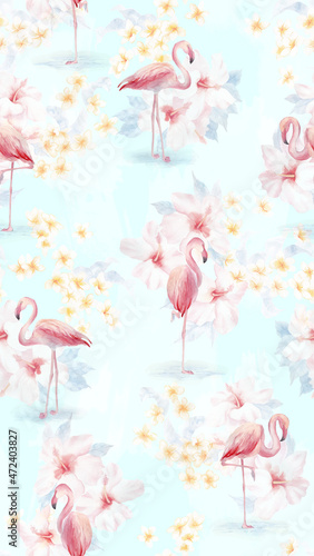 Spring hawaii tropical pattern. Pink flamingo, hibiscus, plumeria flowers seamless pattern. Tropical flowers print for wallpaper or fabric. Watercolor flamingo pattern