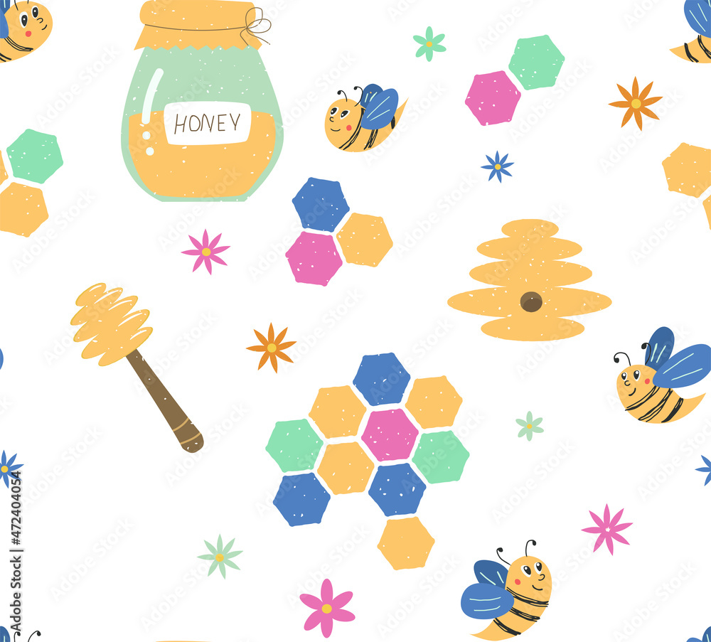 Vector seamless pattern with bees, honeycomb, honey jar and texture ...