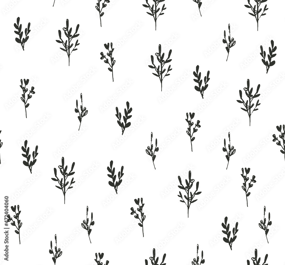 Hand drawn vector seamless pattern with floral elements. Hand drawn black brunches upon white background. Simple botanical pattern for backgrounds, packaging, textile, fabric, interior design