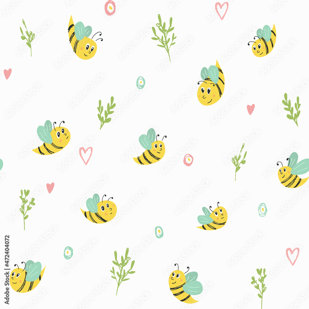 Vector seamless pattern with bees and brunches. Cute ornament for backgrounds, wrapping paper, fabric, packages, ads, decorations and designs