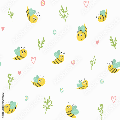 Vector seamless pattern with bees and brunches. Cute ornament for backgrounds  wrapping paper  fabric  packages  ads  decorations and designs