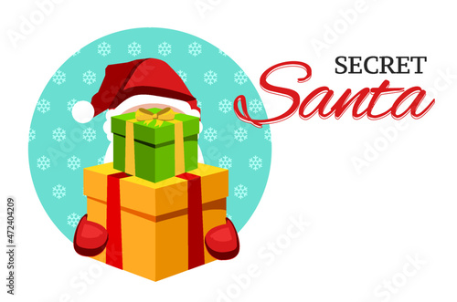 Secret Santa invitation template with Santa Claus hat. Vector. Illustration. Banner.