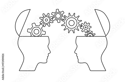 Open mind heads with gears outline flat vector design. Business infographics design to use in teamwork, brainstorming, leadership, career, motivation projects.