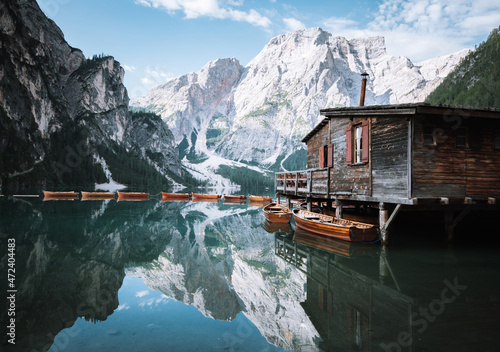 Leinwand Poster Lago di Braies at morning in summer, South Tyrol, Italy