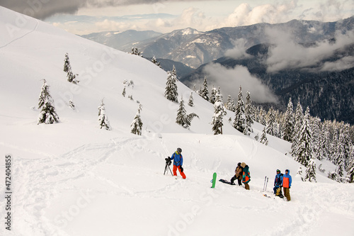 view of snow-capped mountains and trees and group of tourists skiers