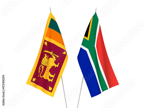 National fabric flags of Republic of South Africa and Democratic Socialist Republic of Sri Lanka isolated on white background. 3d rendering illustration.