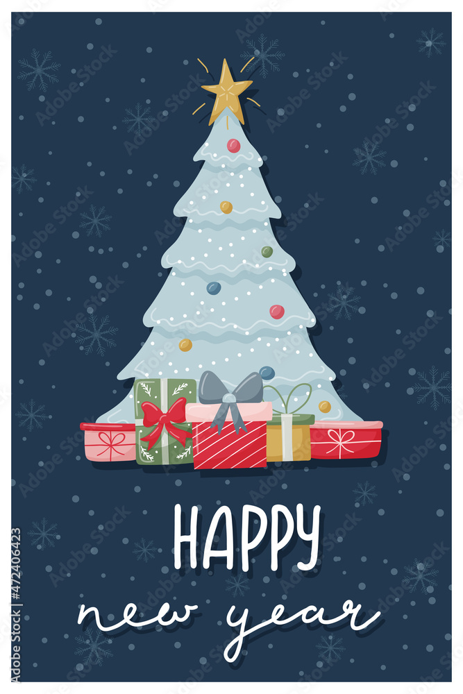 Christmas greeting card. Decorated Christmas tree with star and gifts on a dark background with snowflakes. Hand lettering - Happy New Year. Cute flat cartoon character. Color vector illustration. Christmas greeting card. Decorated Christmas tree with star and gifts on a dark background with snowflakes. Hand lettering - Happy New Year. Cute flat cartoon character. Color vector illustration.
