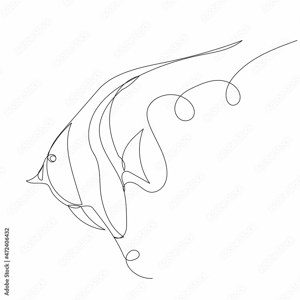 Obraz premium fish swims drawing by one continuous line, vector, isolated