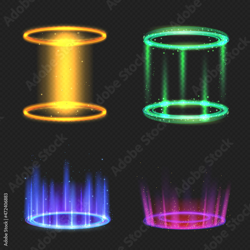 Set of realistic colorful magic portals on dark background. Isolated vector illustration