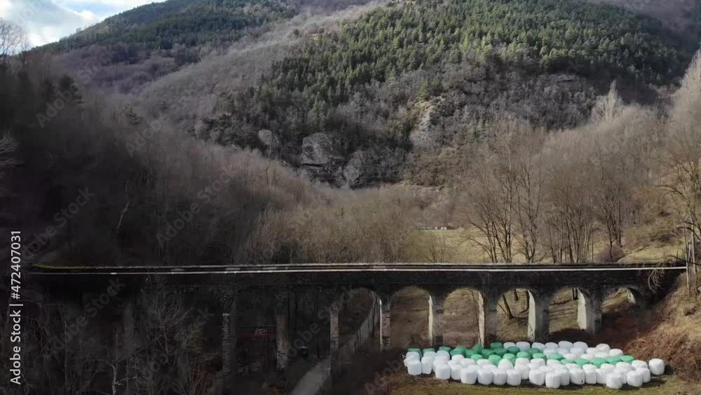 Aerial: flying over a aqueduct with water in late autumn Aerial: flying over a aqueduct with water in late autumn