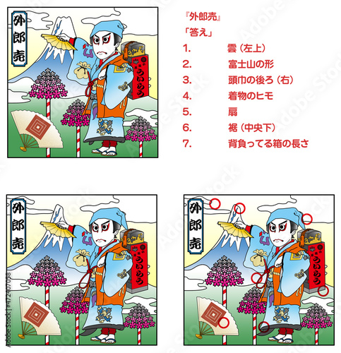 外郎売,歌舞伎,まちがい探し,カラー,白黒