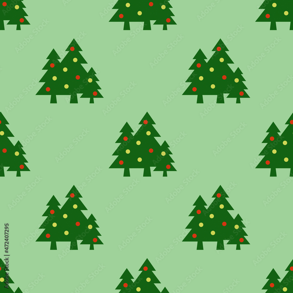 Seamless pattern. Image of green Christmas trees with balls on pastel yellow green backgrounds. Symbol of New Year and Christmas. Template for application to surface. 3D image. 3d rendering
