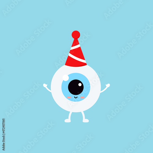 Cute eye ball in birthday party hat isolated on background. Christmas funny smiling eyeball. Flat design cartoon kawaii style emoji element. Vector character illustration.