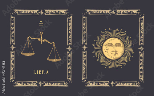 Libra zodiac symbol, horoscope card in vector.