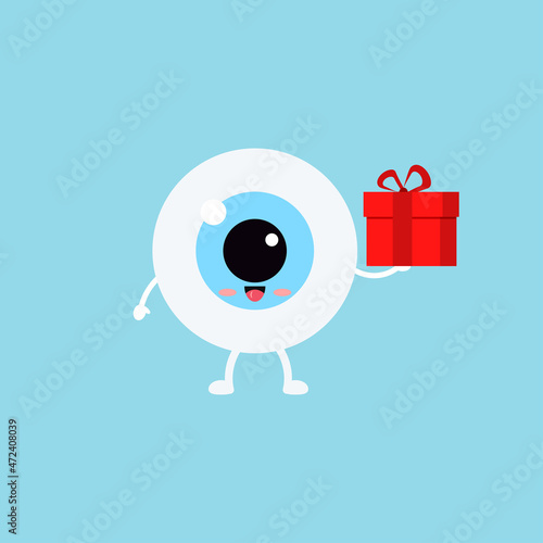 Cute eye ball with Chistmas gift isolated on background. Ophthalmology holiday character - funny eyeball with present. Flat design cartoon style vector winter mascot illustration