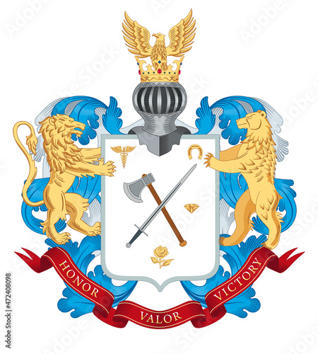 Family coat of arms. The lion and the bear are holding a shield. On the shield there is a sword and a battle ax. Below is a ribbon with the motto Honor Valor Victory.