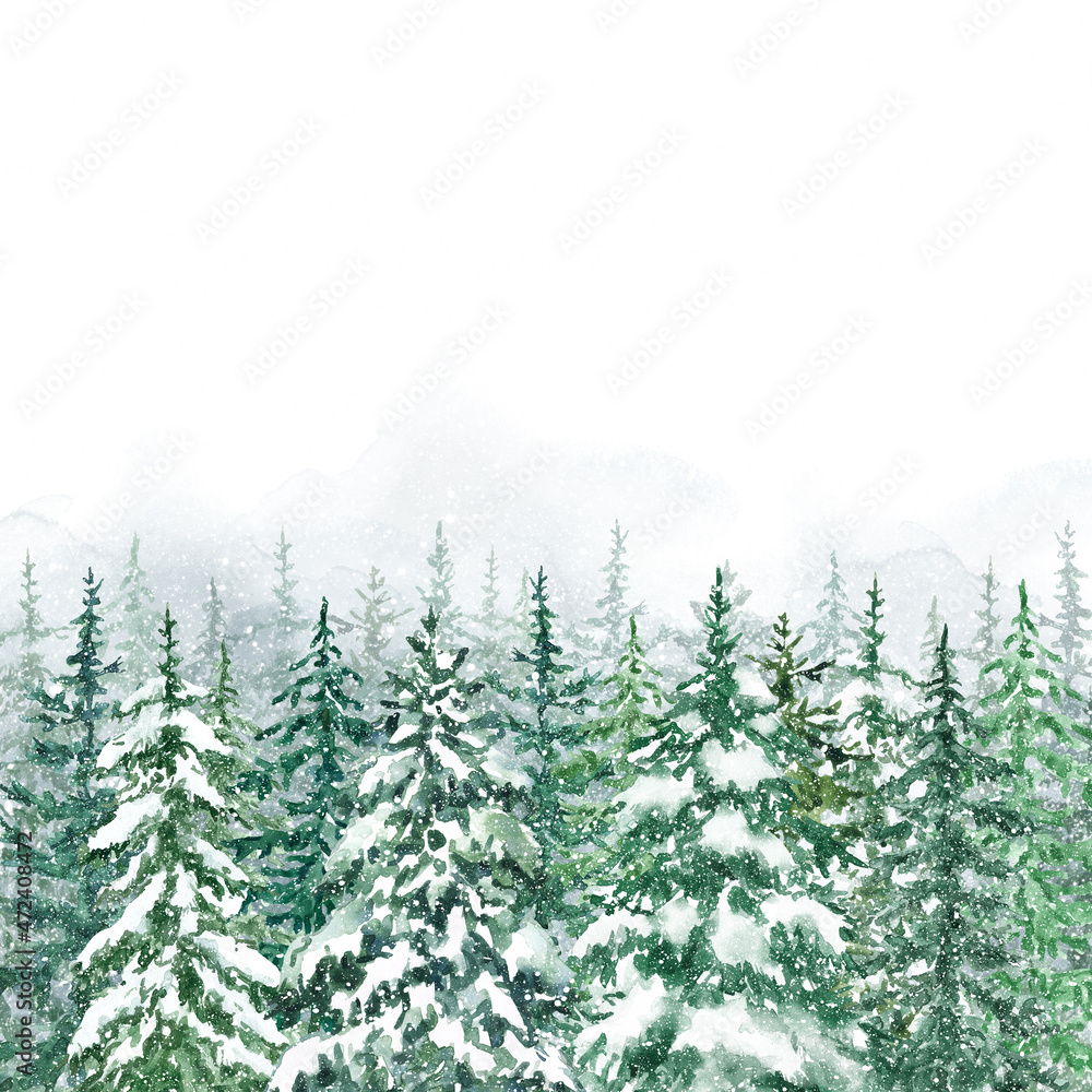 Winter forest with conifer trees watercolor illustration. Natural banner or frame for cards, invitations. Christmas design. Pine tree landscape with snow.