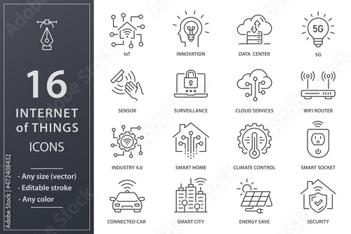 Internet of things icons, such as surveillance, sensor, climat control, IoT and more. Editable stroke.