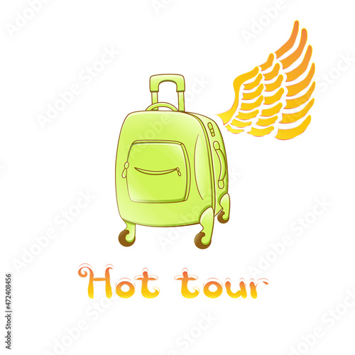 Hot Tour Icon. Suitcase with a wing. Time to travel. 