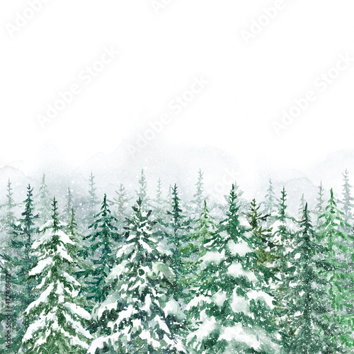 Winter forest with conifer trees watercolor illustration. Natural banner or frame for cards  invitations. Christmas design. Pine tree landscape with snow.