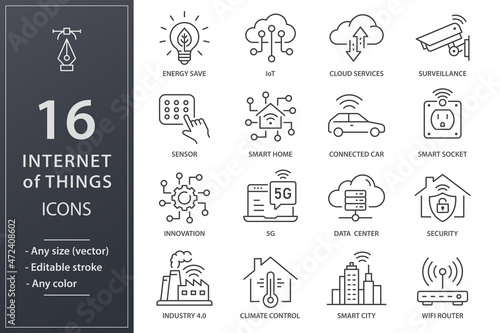 Internet of things icons, such as smart home, sensor, climat control, IoT and more. Editable stroke. photo