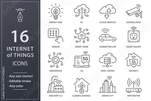 Internet of things icons, such as smart home, sensor, climat control, IoT and more. Editable stroke.