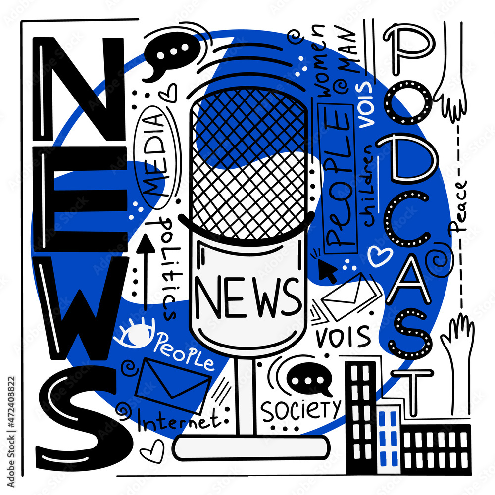 Naklejka premium cover for podcast, news, people, news, news, world news, podcasts on public topics, society, media, blue, politics, issues, public