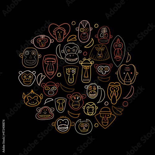 Funny monkey, big family. Sketch for your design. Childish style