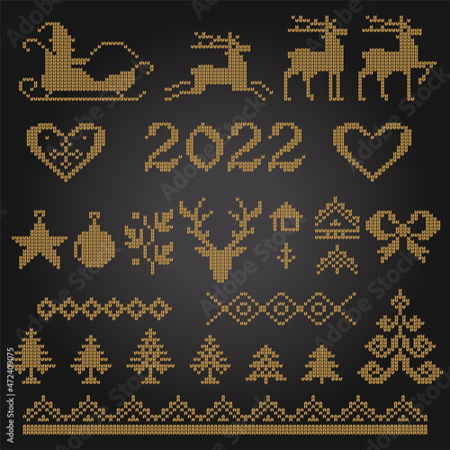 2022 golden luxury knitted Christmas elements. Seasonal decoration