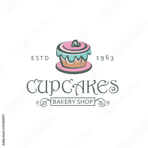 label with cupcake for bakery shop isolated on white background