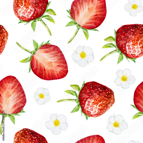Fototapeta Naklejka Na Ścianę i Meble -  Seamless pattern with watercolor strawberry isolated on white background. Hand drawn watercolor illustration.