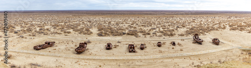 Aral sea monument. The graveyard of ships. Muynak (or Moynaq) city, Karakalpakstan, Uzbekistan.