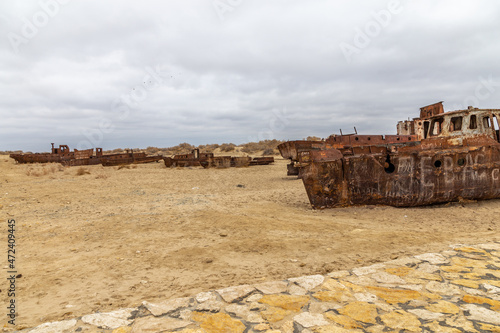 Aral sea monument. The graveyard of ships. Muynak (or Moynaq) city, Karakalpakstan, Uzbekistan.