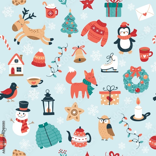 Christmas pattern with cute seasonal elements reindeer, fox, gifts, decorations, snowman. Festive background with hand drawn elements, vector illustration