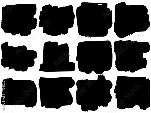 Black paint brush strokes, dirty inked grunge art brushes. Dirty ink texture splatters. Grunge rectangle text boxes
