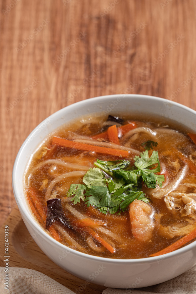 Delicious traditional thick soup with shrimp meat ball and vegetables. Delicious traditional thick soup with shrimp meat ball and vegetables.