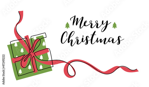 Christmas box, present, gift with long wavy ribbon. One continuous line art drawing for corner design. Vector background, banner, poster in red and green Christmas colors