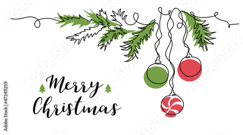 Xmas fir twig with christmas tree toys. One continuous line art drawing for corner design. Vector greeting background, banner, poster in red and green Xmas colors