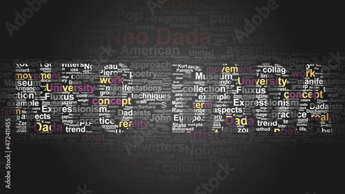 Neo dada - essential subjects and terms related to Neo dada arranged by importance in a 4-color high res word cloud poster. Reveal primary and peripheral concepts related to Neo dada, 3d illustration photo