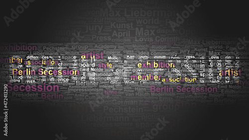 Berlin secession - essential terms related to it arranged in a 4-color word cloud poster. Reveals related primary and peripheral concepts, 3d illustration photo